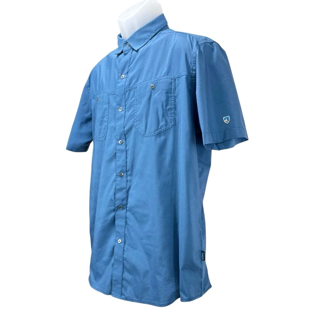 Kuhl Men’s Medium Blue Stealth Woven‎ Short Sleeve Button Up Shirt UPF 30+